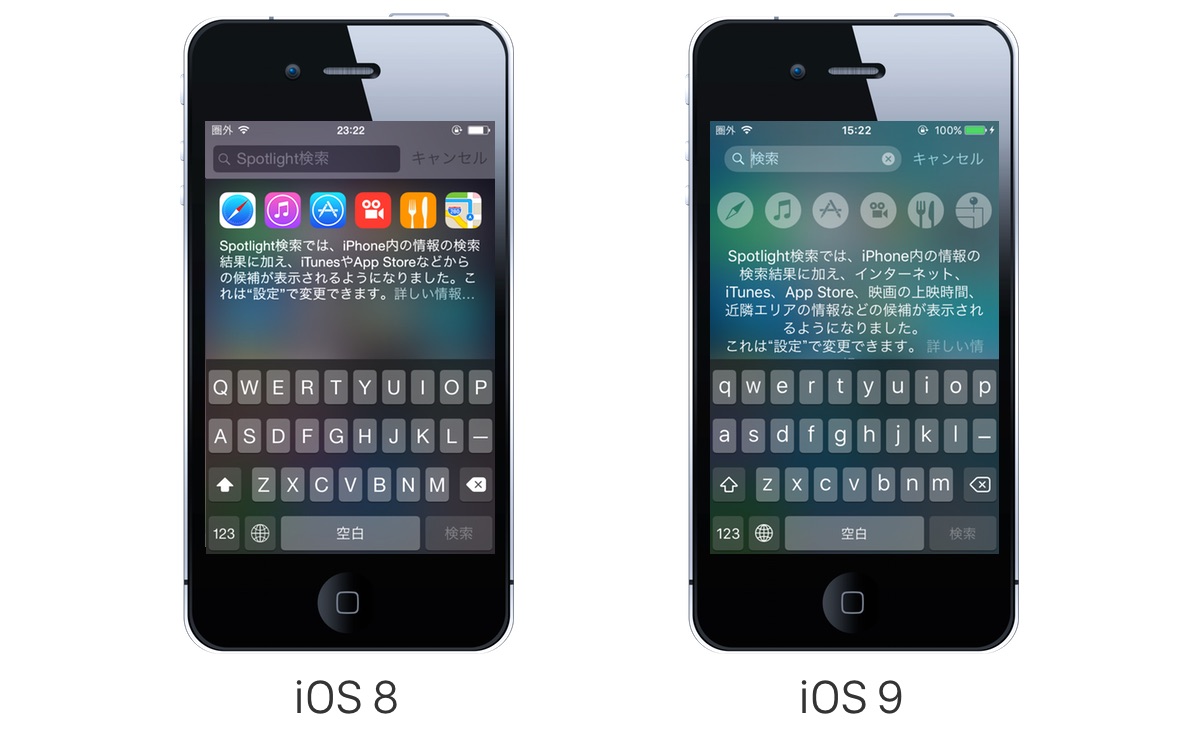 iOS 8とiOS 9のSpotlight検索