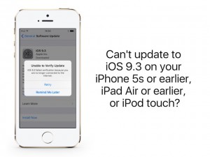 Apple、iPhone 5sとiPad Air以前のiOSデバイスおよびiPod touchがiOS 9.3へアップデート出来ない問題があるとしてサポートページを公開。