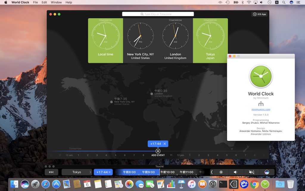 設定した都市の時刻を表示してくれるMac用 世界時計アプリ「World Clock」がTouch Barをサポートし、トライアル版を公開