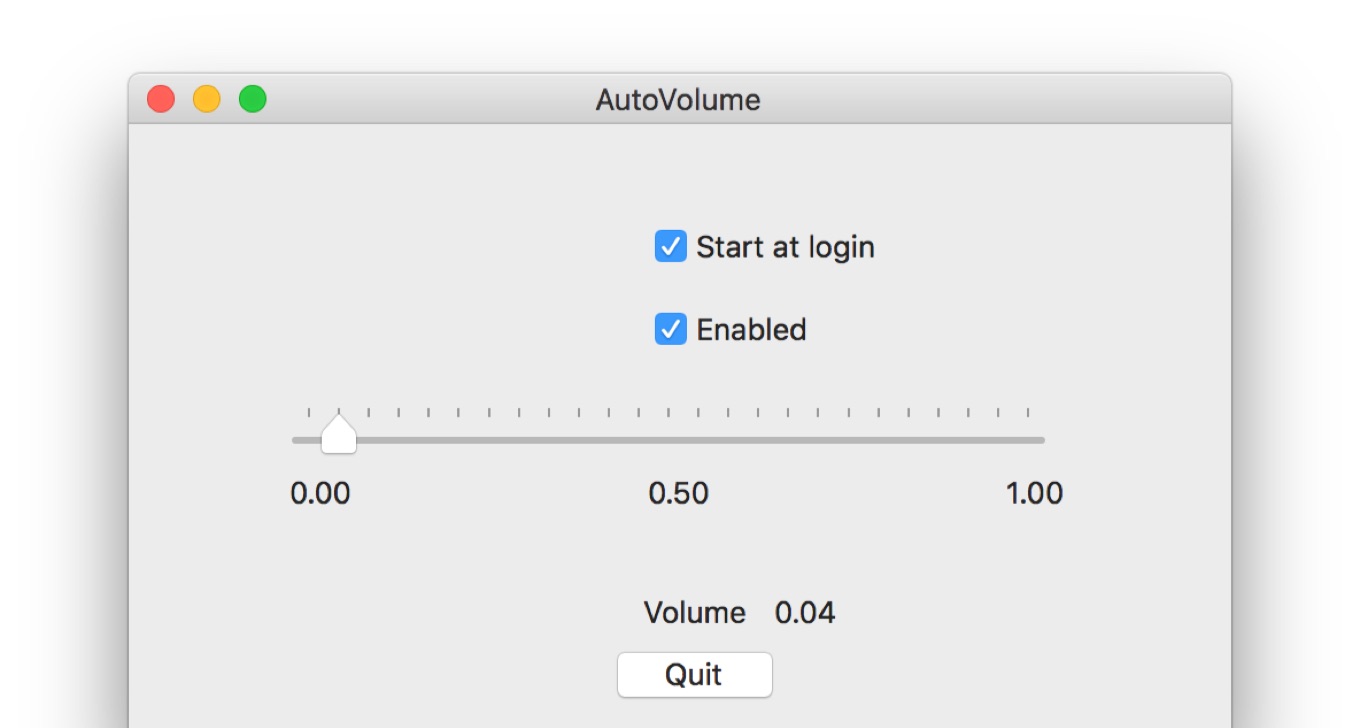 Macがスリープから復帰後に音量を再調整してくれるアプリAutoVolumeの設定画面。