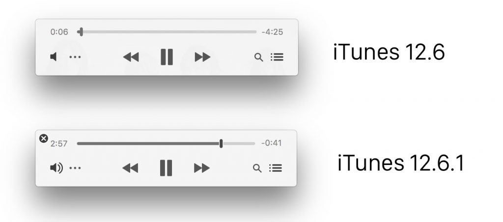 iTunes v12.6とv12.6.1のミニプレイヤー比較。