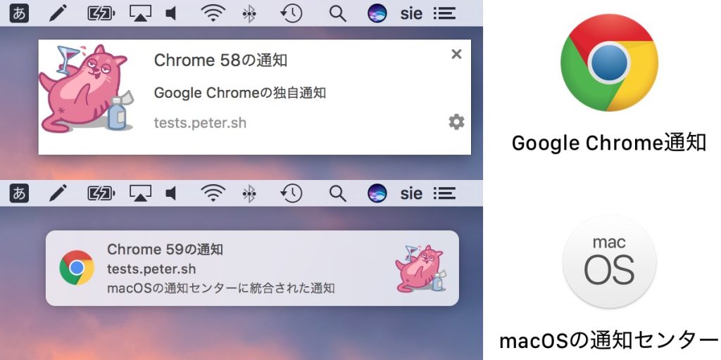 macOSの通知センターに統合されたGoogle Chrome v59