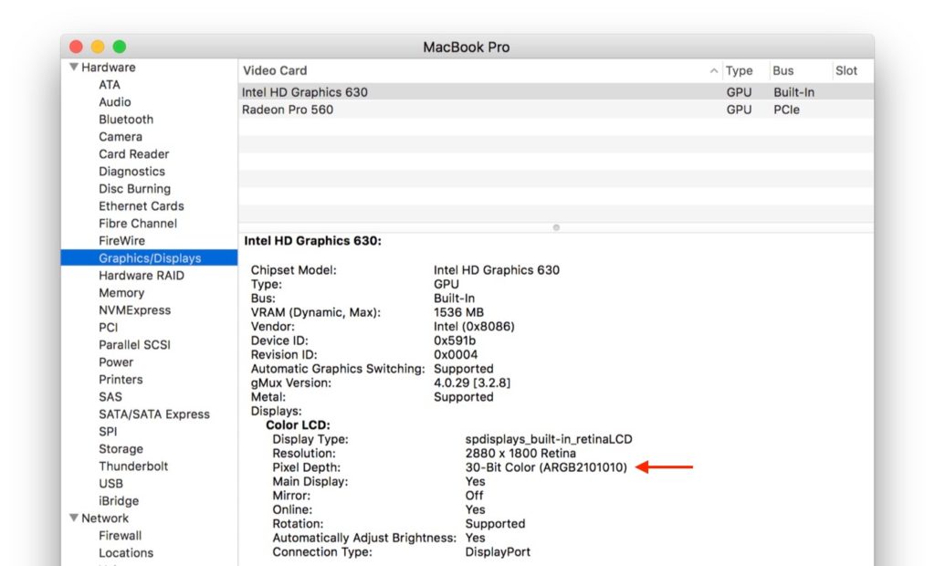MacBook Pro (2017) 15インチモデルは30-Bitカラーをサポートしている？
