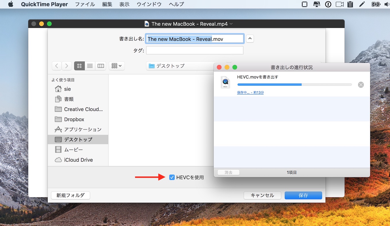 QuickTime PlayerがHEVCでの書出しをサポート