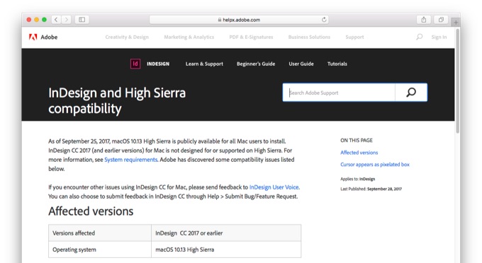 InDesign and High Sierra compatibility