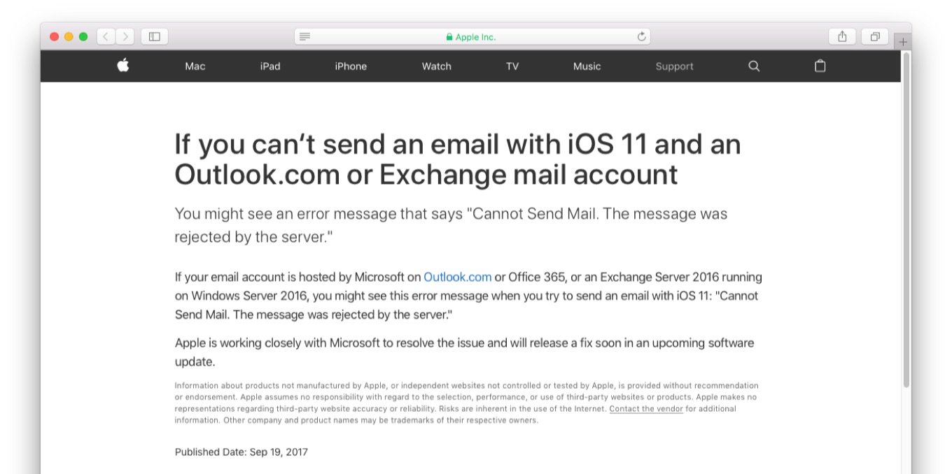 If you can‘t send an email with iOS 11 and an Outlook.com or Exchange mail account