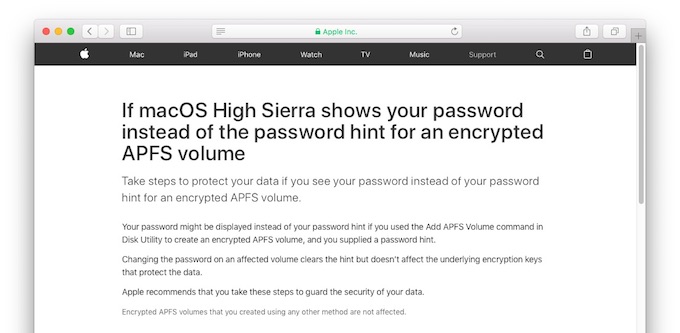 If macOS High Sierra shows your password instead of the password hint for an encrypted APFS volume