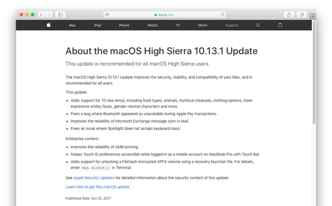 About the macOS High Sierra 10.13.1 Update