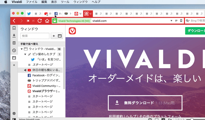 Vivaldi v1.13のウィンドウパネルミュート