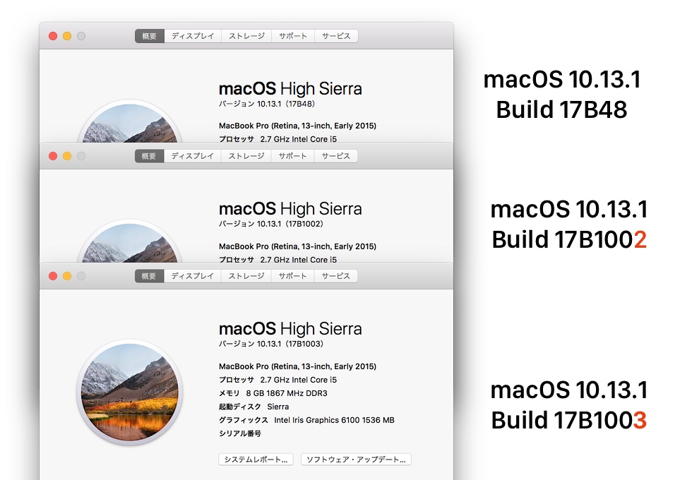 macOS 10.13.1 Build 17B48からBuild 17B1003まで
