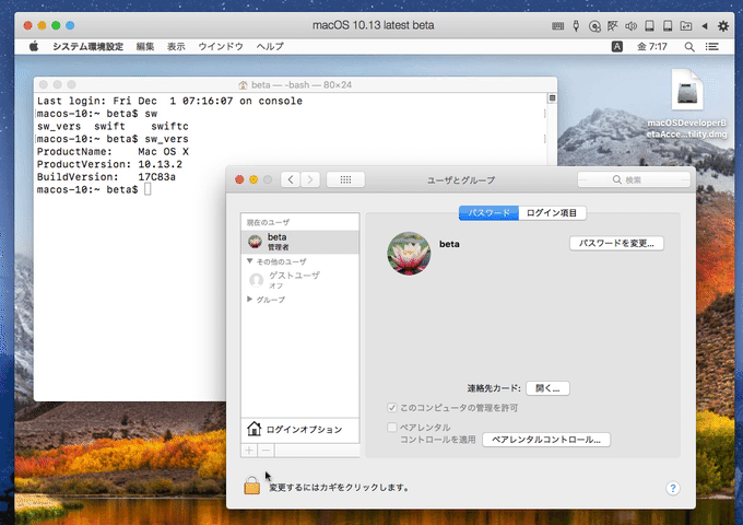 macOS 10.13.2 Build 17C83aのroot脆弱性