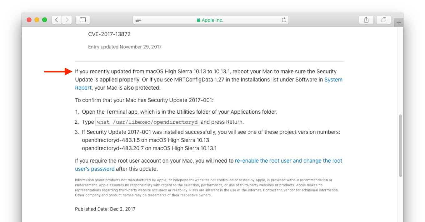 macOS 10.13.0からv10.13.1へアップデートしたら再起動してパッチを確認。