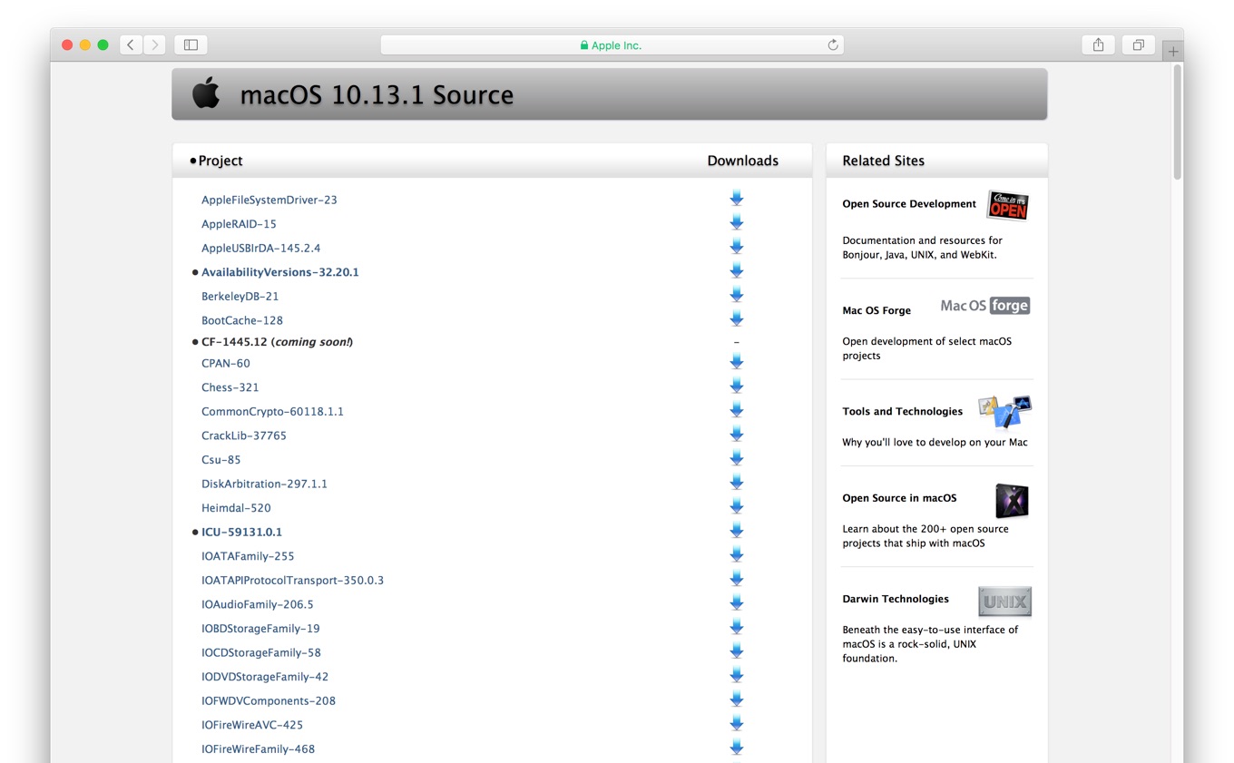 macOS 10.13.1 High Sierraのオープンソース