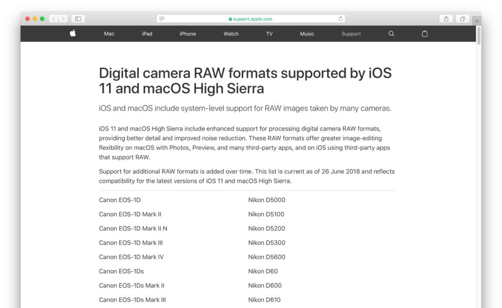 Digital camera RAW formats supported by iOS 11 and macOS High Sierra