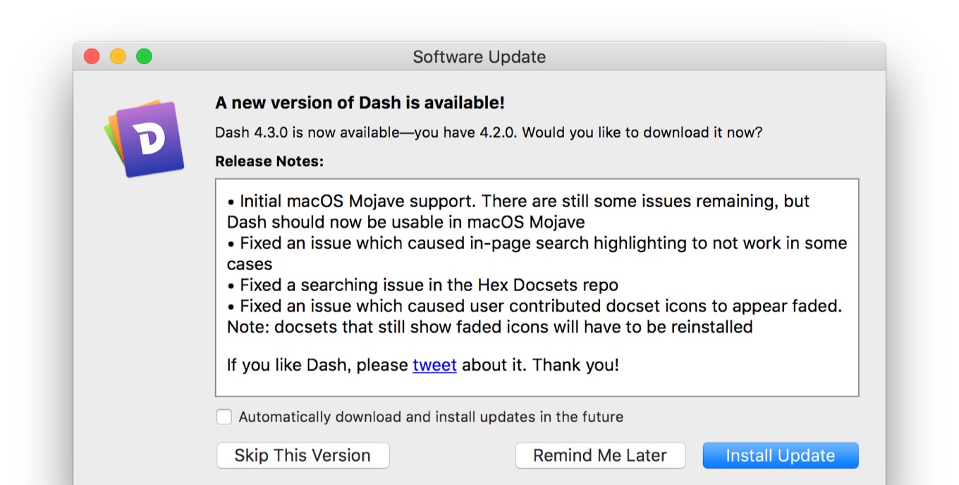 macOS 10.14 MojaveをサポートしたDash