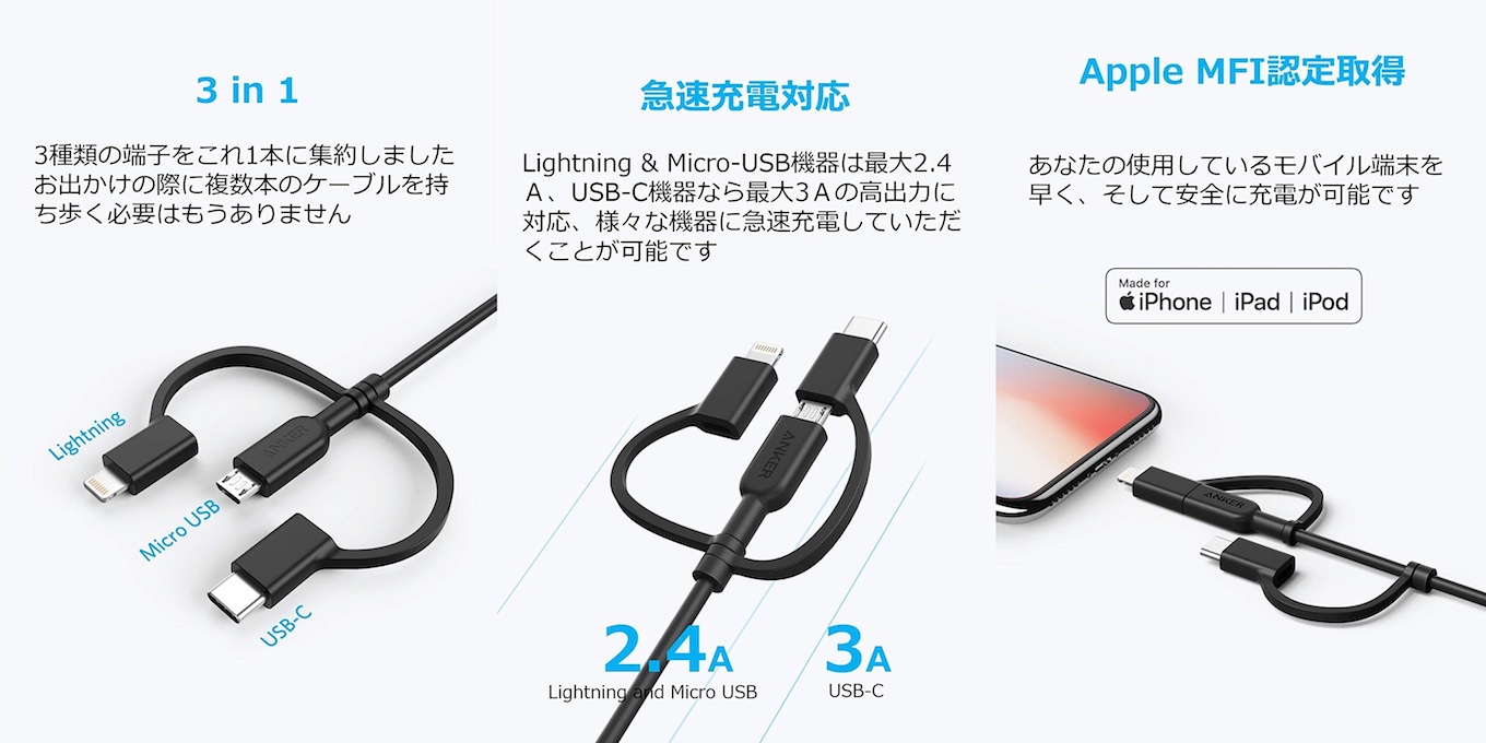 Anker、Lightning/USB-C端子を付属したMicro-USBケーブル「Anker PowerLine II 3-in-1ケーブル」を発売。  | AAPL Ch.