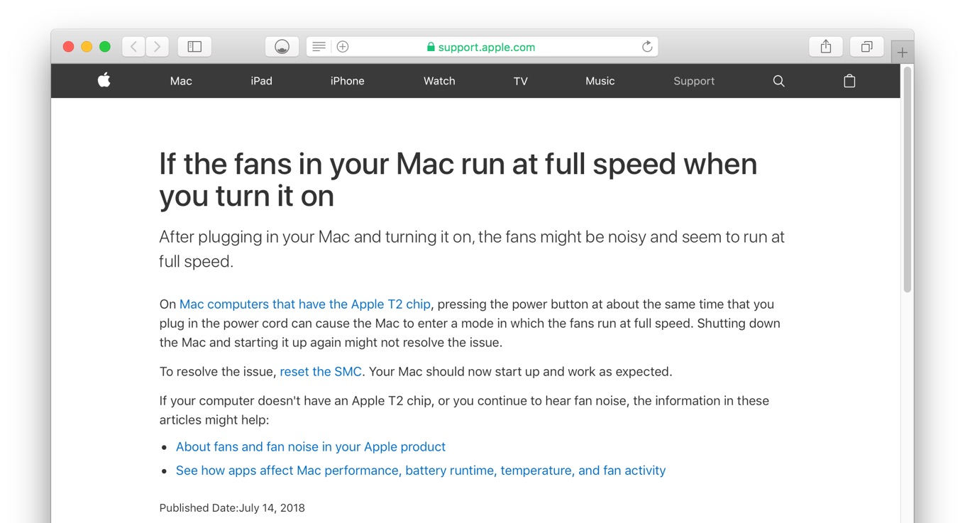 Apple Macbook Pro 18などapple T2チップを搭載したmacで電源ボタンと電源コードを同時に押し 入れるとファンがフルスピードで回転する場合があるとしてサポートページを公開 pl Ch