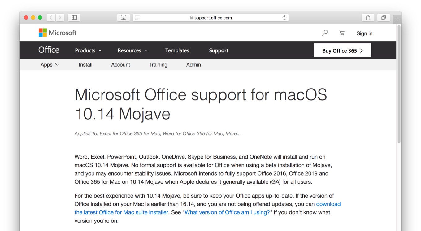 Microsoft Office support for macOS 10.14 Mojave