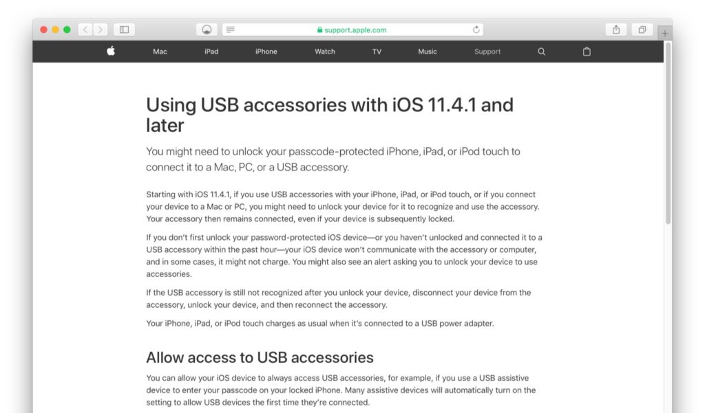 Using USB accessories with iOS 11.4.1 and later