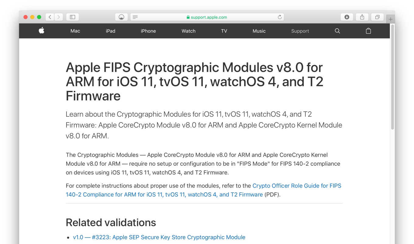 Apple FIPS Cryptographic Modules v8.0 for ARM for iOS 11, tvOS 11, watchOS 4, and T2 Firmware