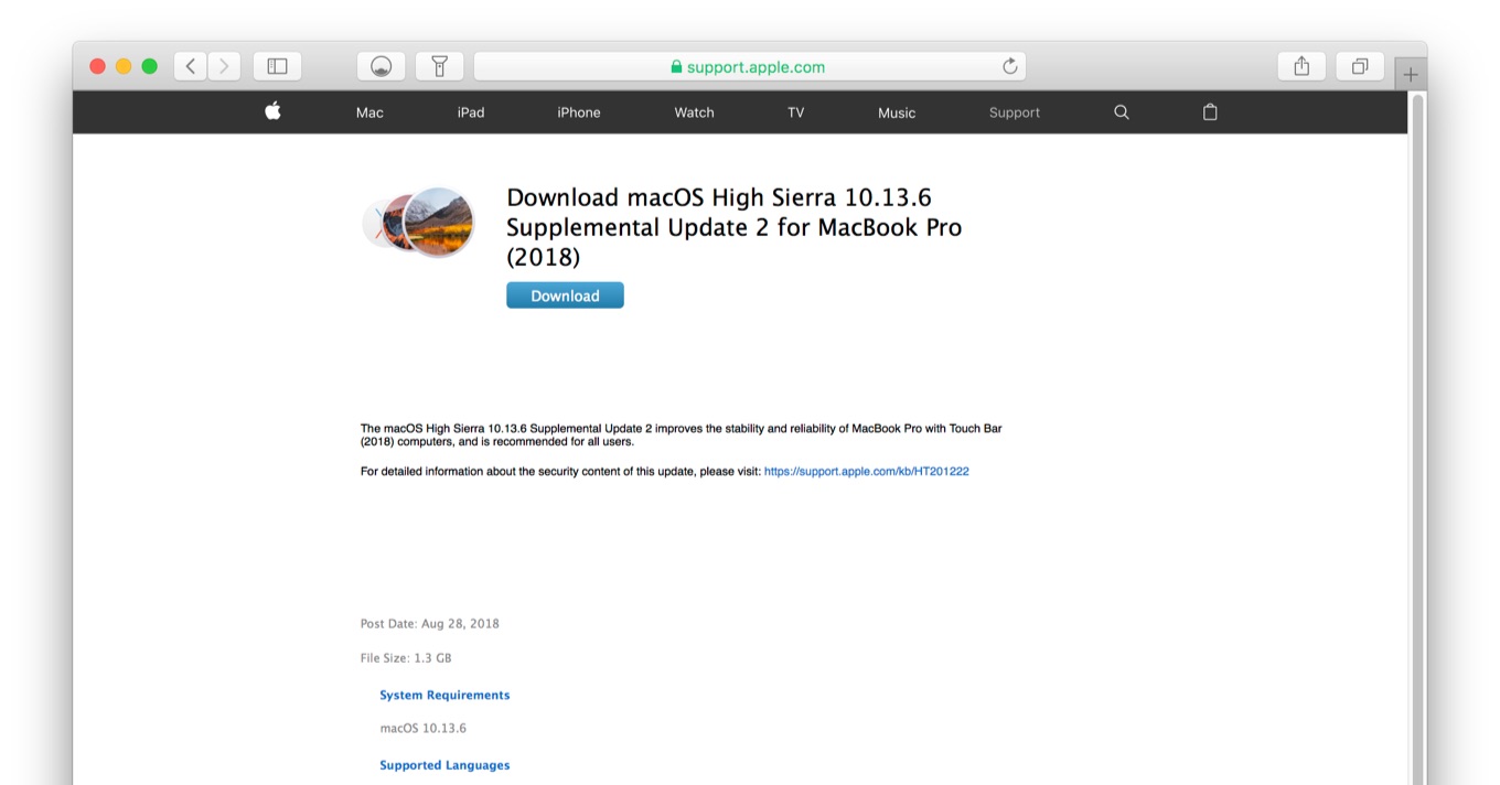 Download macOS High Sierra 10.13.6 Supplemental Update 2 for MacBook Pro (2018)