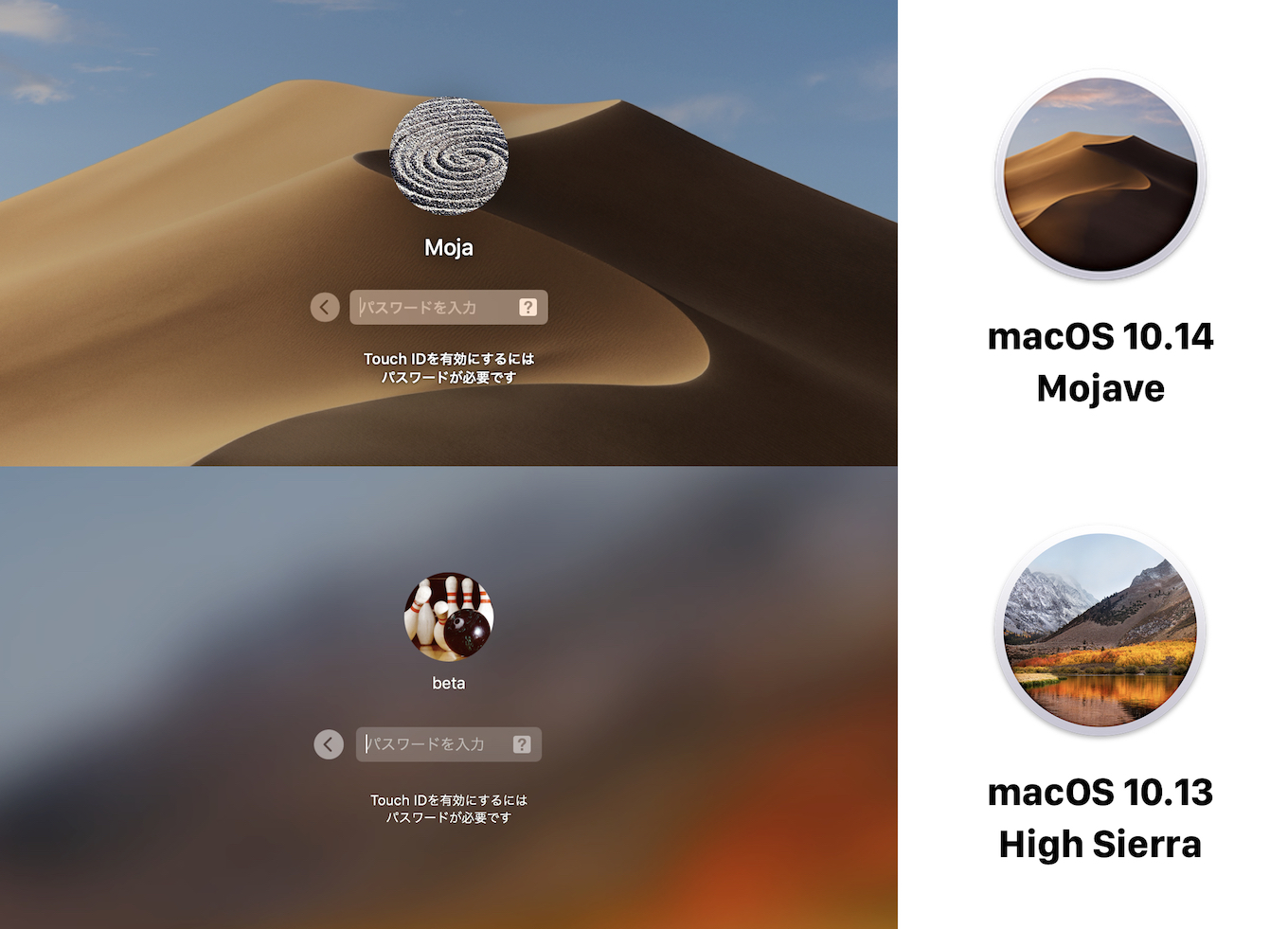 macOS 10.14 MojaveとmacOS 10.13 High Sierraのログインウィンドウ