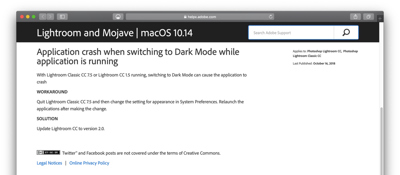 Adobe Macos Mojaveにアップグレードしたmacでダークモードに切り替えるとlightroomがクラッシュする不具合を Lightroom Cc 2 0 で修正 pl Ch