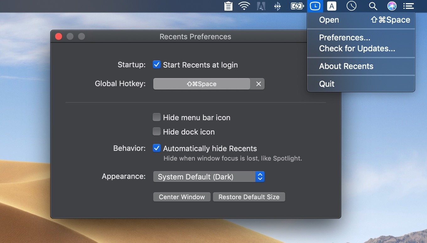 Recents for Mac settings
