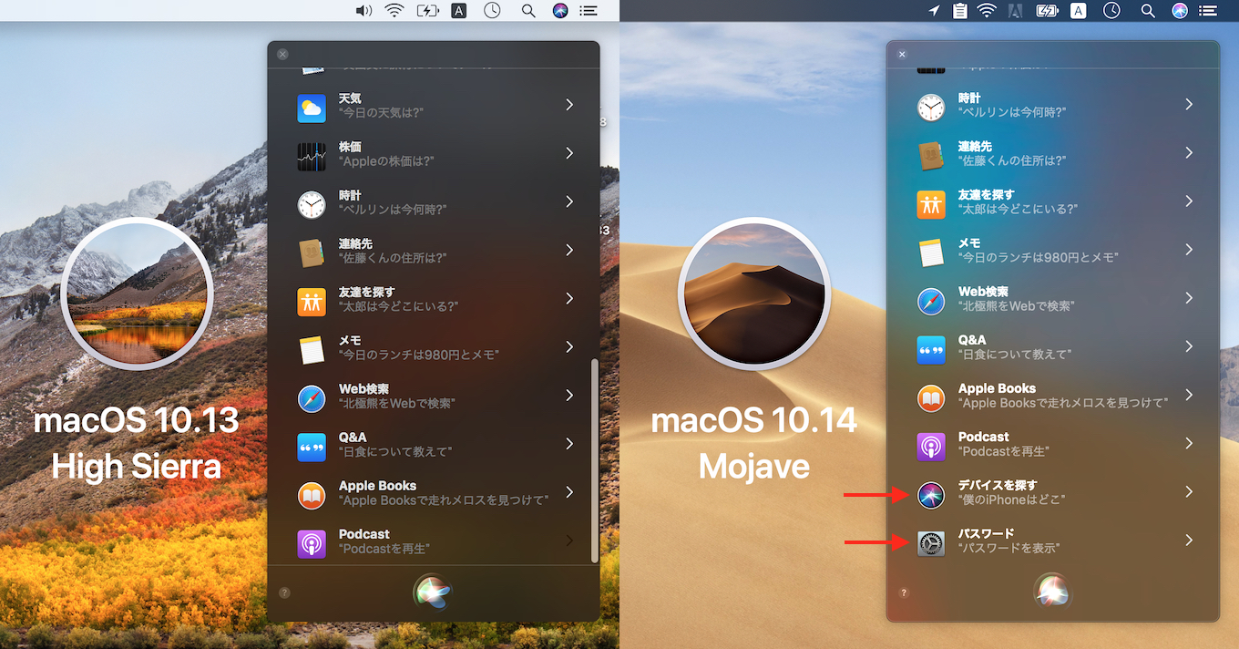 macOS 10.13 High SierraとmacOS 10.14 MojaveのSIri