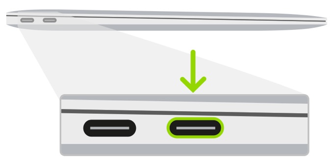 MacBook Air で Apple T2 セキュリティチップのファームウェア復元に使用する Thunderbolt ポート。