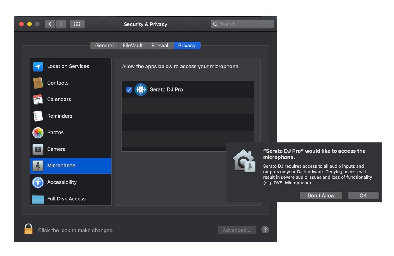  macOS 10.14 Mojave requires microphone (internal input) access for Serato DJ Pro
