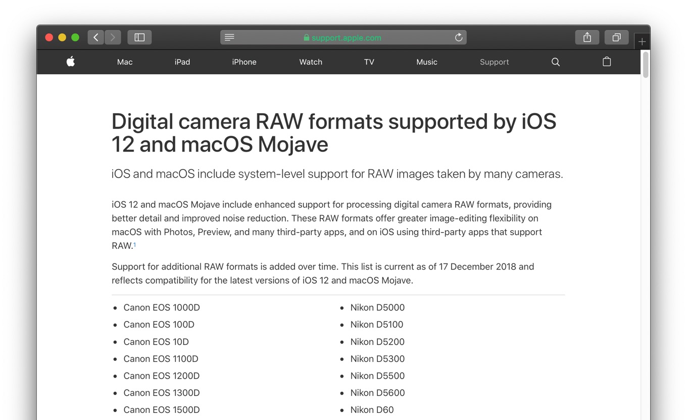 Digital camera RAW formats supported by iOS 12 and macOS Mojave