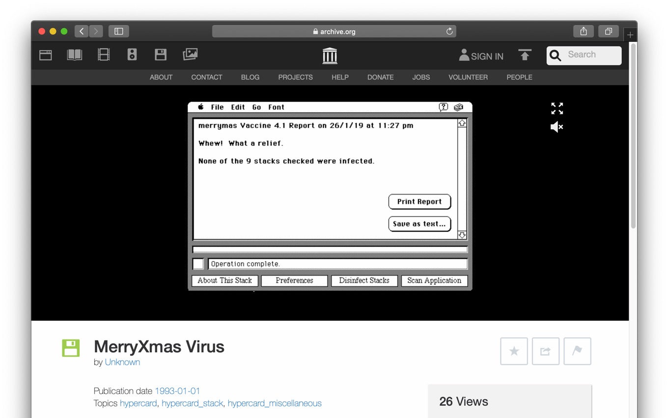 Internet ArchiveにHyperCardのウィルス「MerryXmas Virus」のスタック 