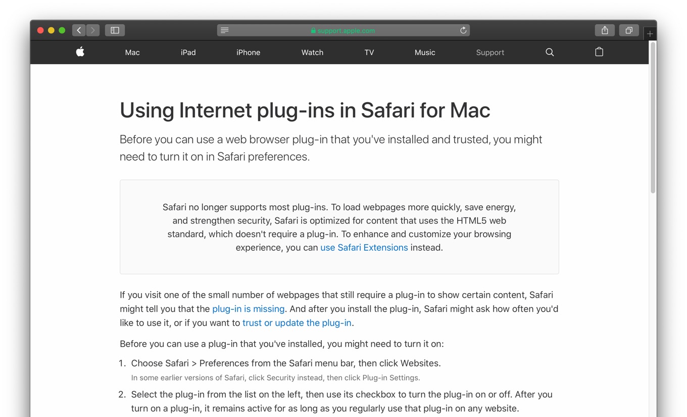 Safari no longer supports most plug-ins