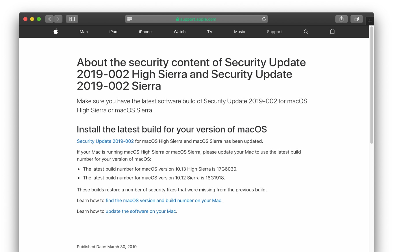 About the security content of Security Update 2019-002 High Sierra and Security Update 2019-002 Sierra