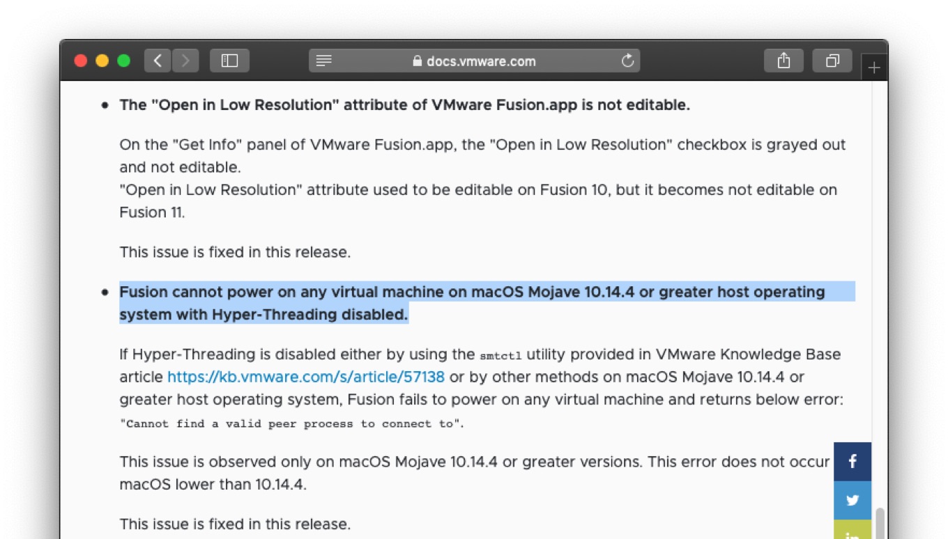 Fusion cannot power on any virtual machine on macOS Mojave 10.14.4 with Hyper-Threading disabled.