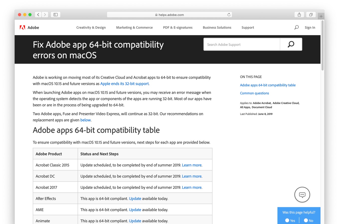 Adobe apps 64-bit compatibility table