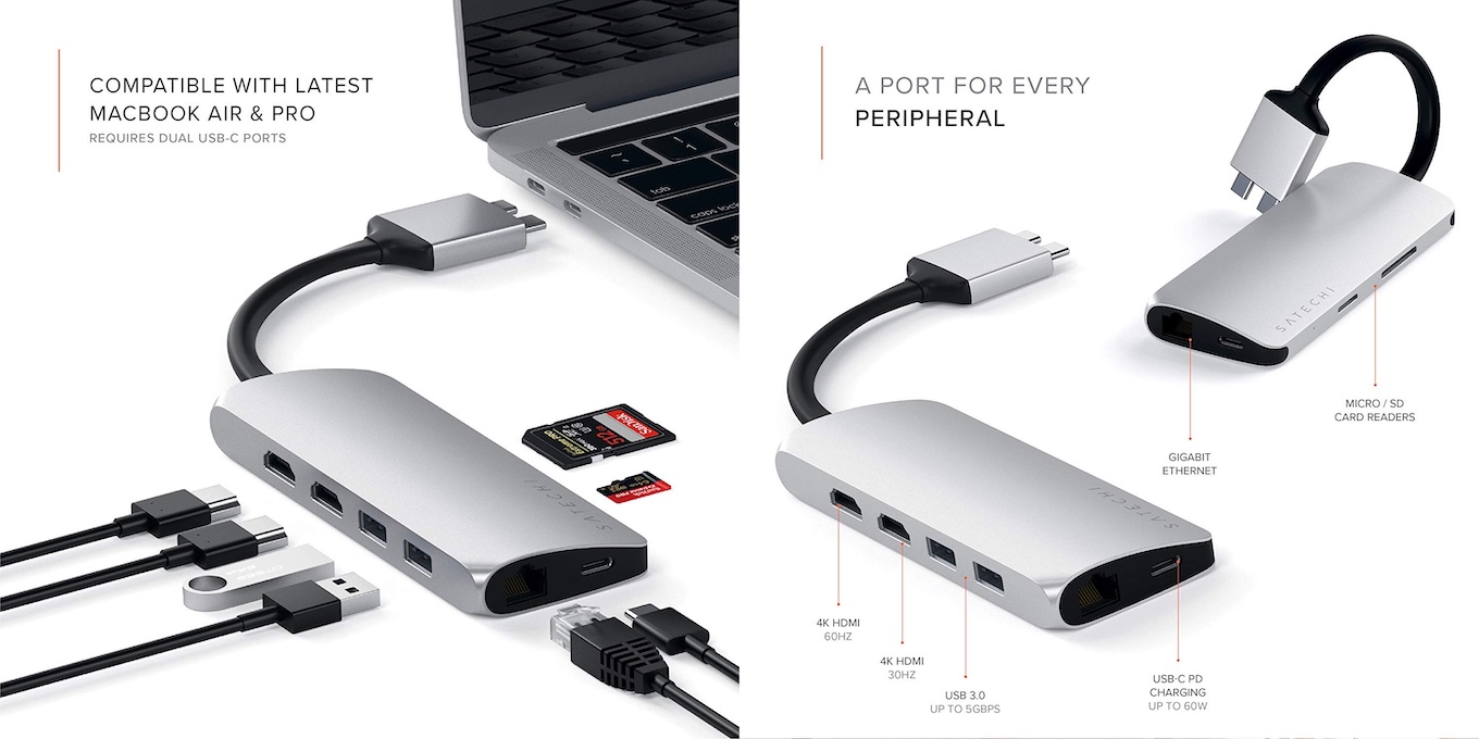店内限界値引き中＆セルフラッピング無料 Satechi イーサネット USB-C Proハブ シルバー 4K HDM, パススルーPD充電,  USB3.0ポート, SDカードスロット MacBookPro Air2018