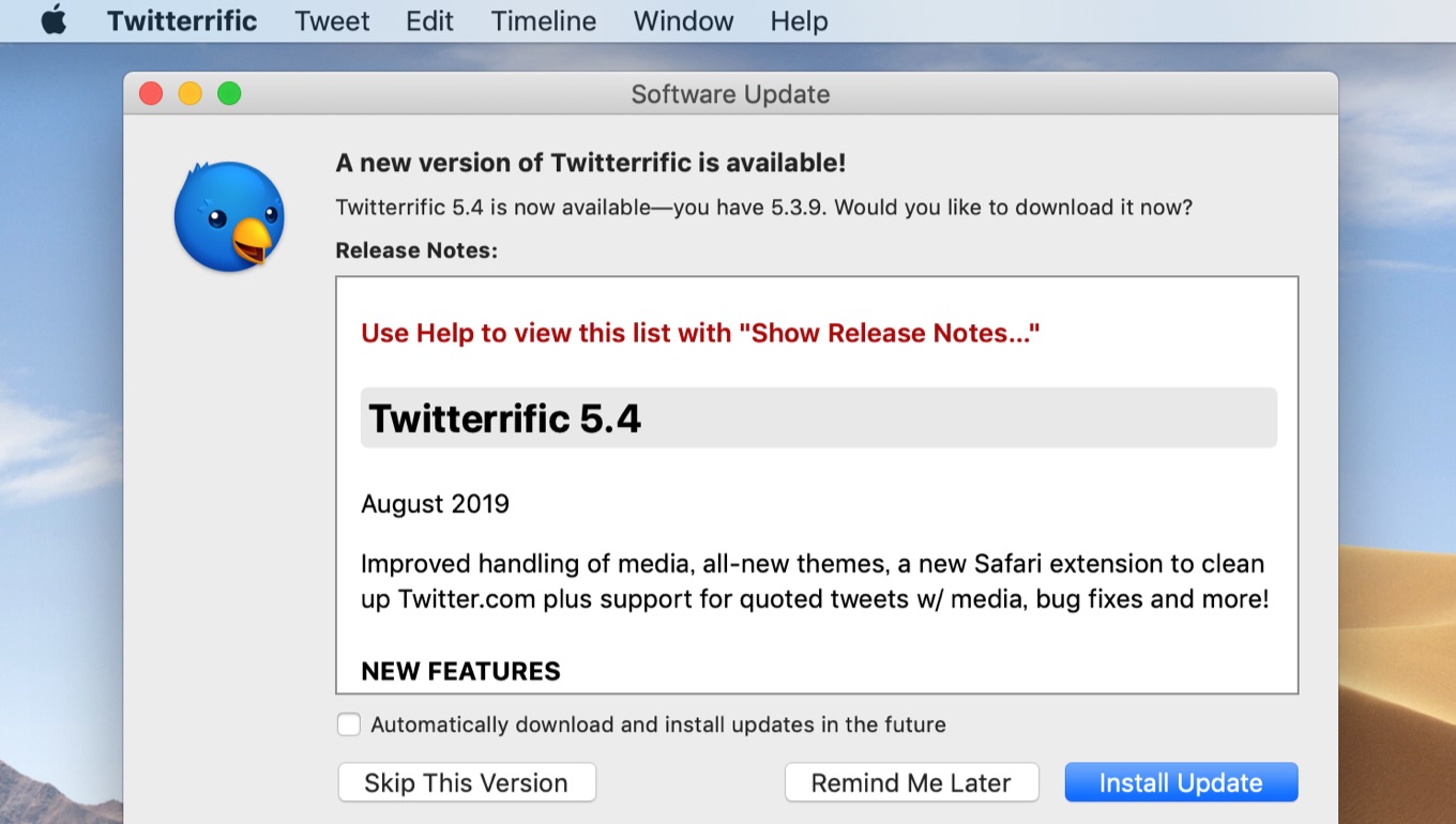 Twitterrific for Mac v5 4 relase note