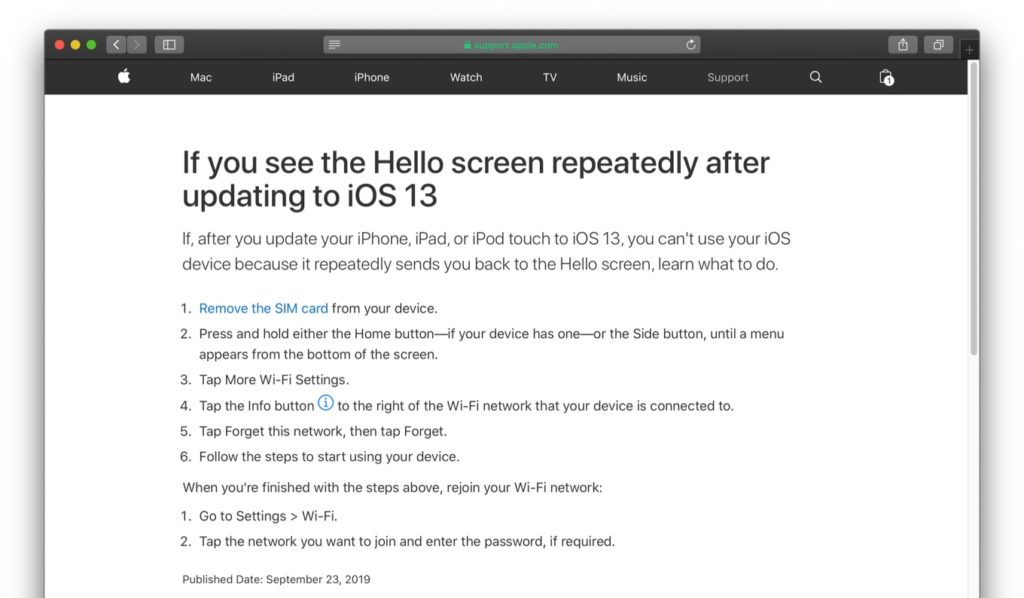 iOS 13へアップグレードしたiPhoneで、iOSのセットアップ画面「Hello screen」が繰り返し表示される不具合。 | AAPL Ch.