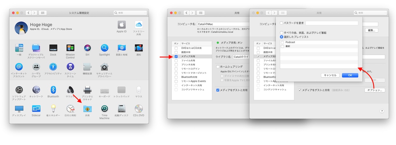 Macos 10 15 Catalinaではitunesが廃止されミュージックとpodcast Tvアプリに別れたのに伴い ホームシェアリング機能がシステム環境設定の共有パネルへ移動 pl Ch