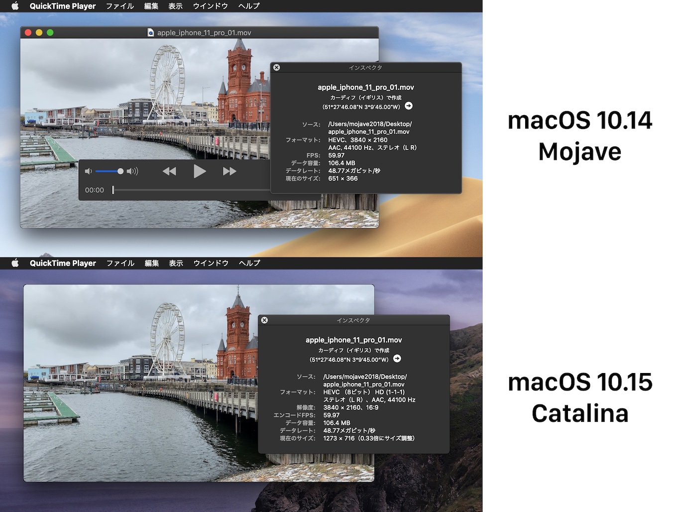 macOS 10.14 MojaveとmacOS 10.15 CatalinaのQuickTimeインスペクタ