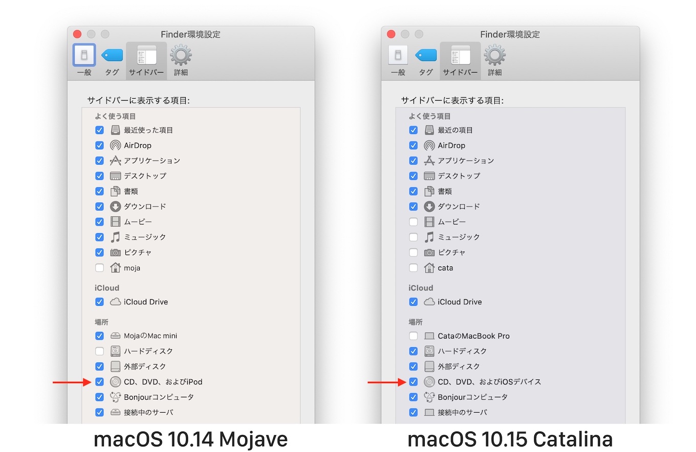 macOS 10.15 Catalinaの「CD、DVD、およびiOSデバイス」表示