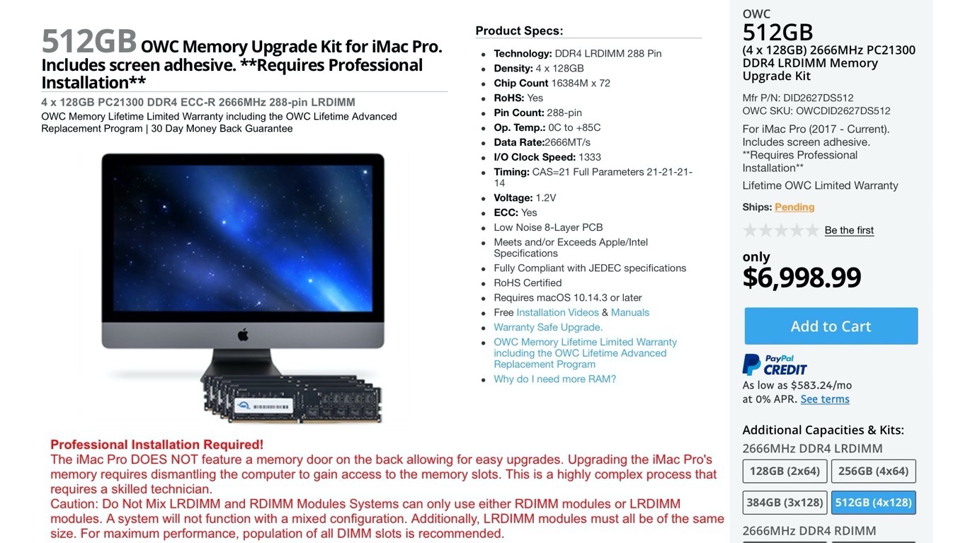 512GB OWC Memory Upgrade Kit for iMac Pro