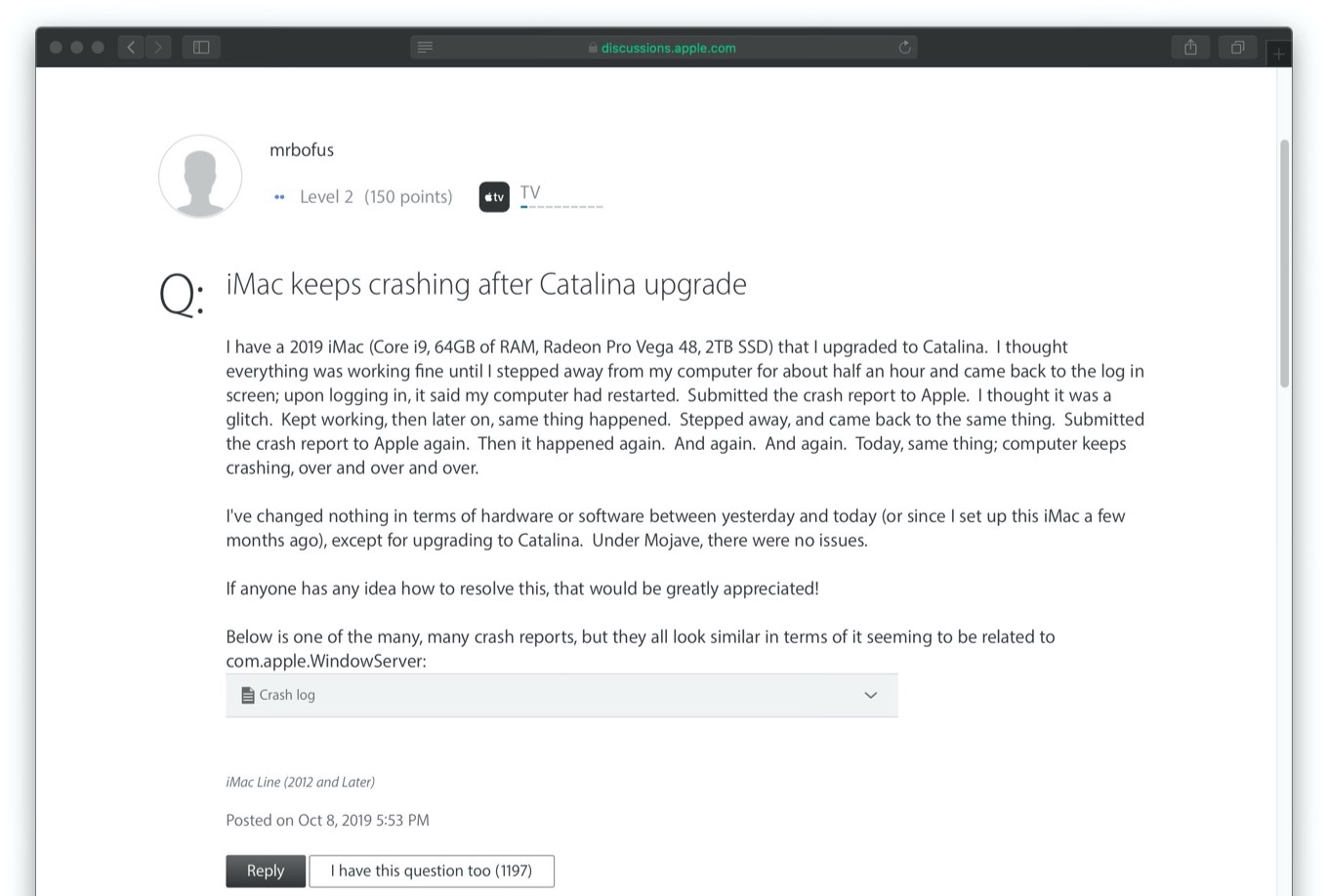 iMac keeps crashing after Catalina upgrade