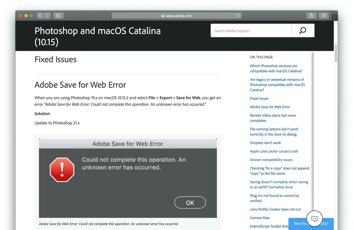 Adobe Save for Web Error on macOS 10.15.2