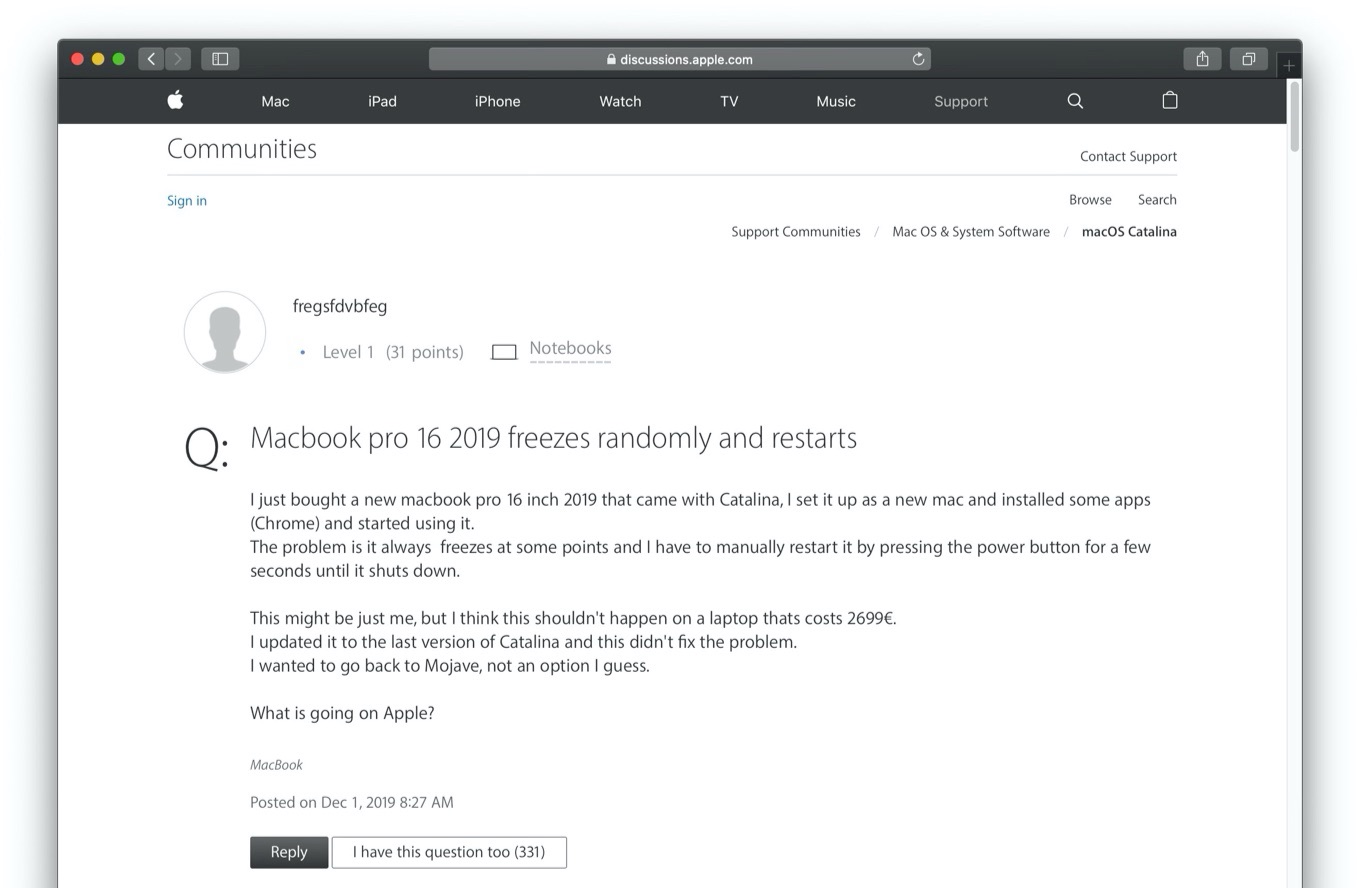 Macbook pro 16 2019 freezes randomly and restarts
