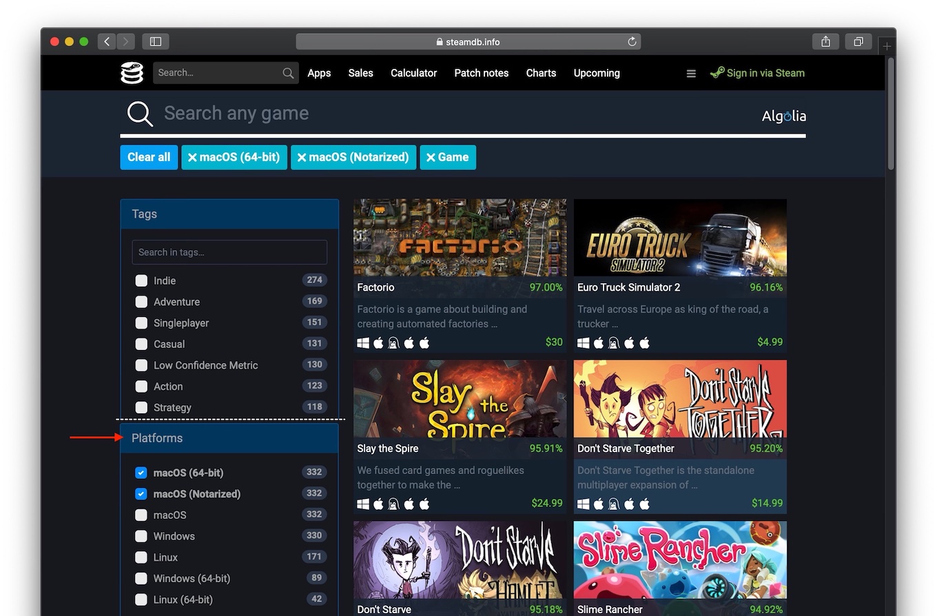 Steam DatabaseのInstant Search