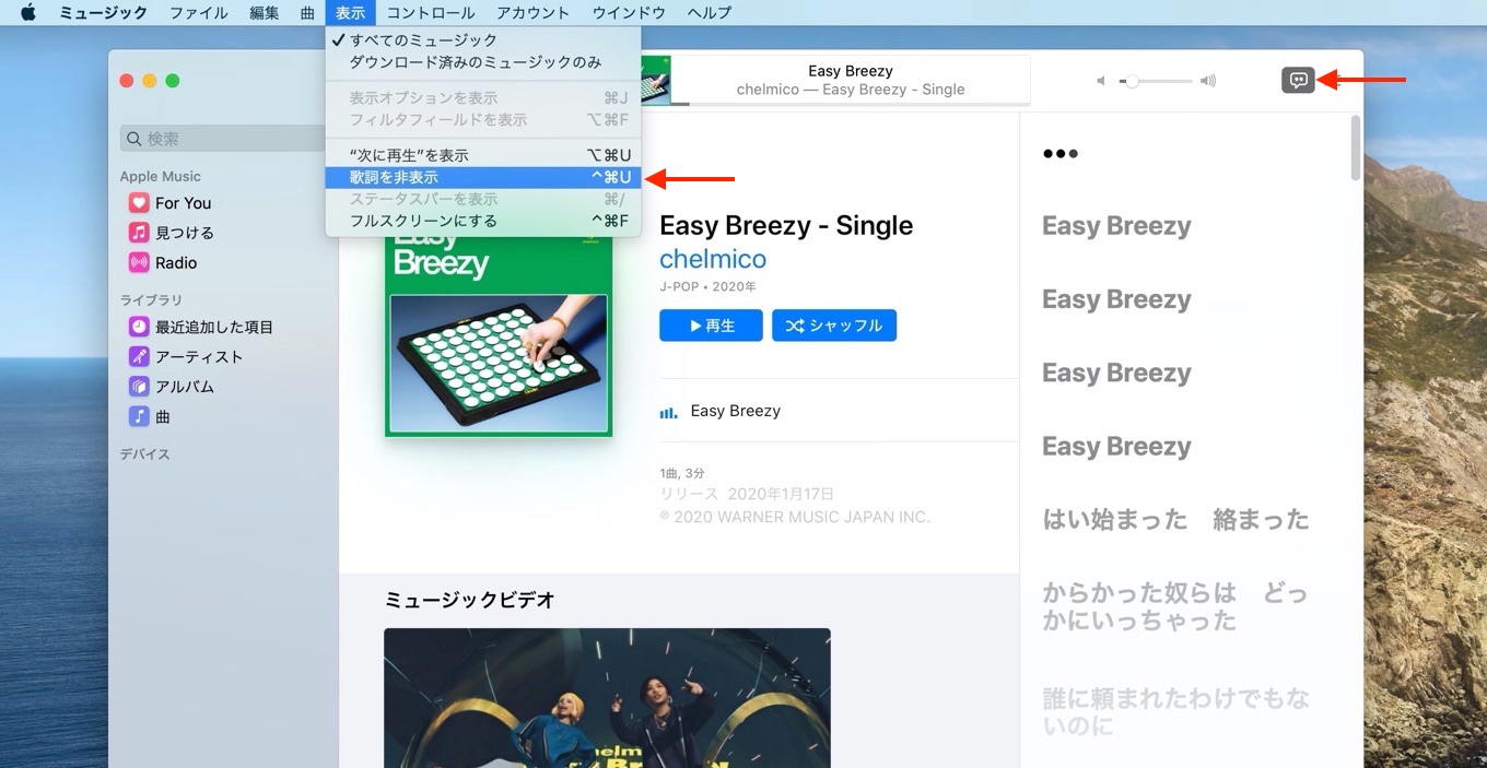 macOS Catalinaのミュージックアプリで歌詞表示
