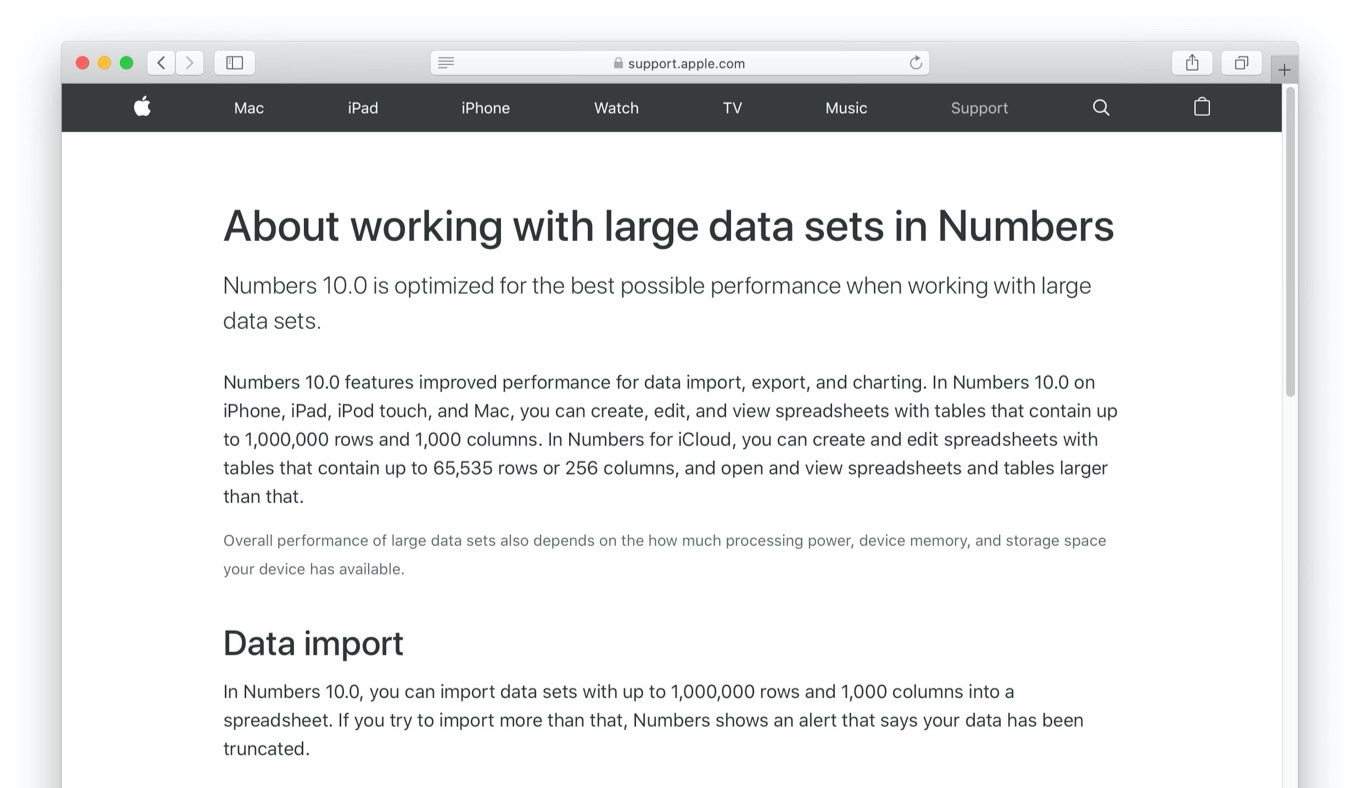 About working with large data sets in Numbers